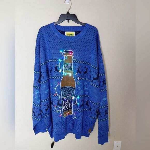 Tipsy Elves Men's Bud Light Beer Light Up Ugly Christmas Lights Crew Sweater 4XL - Picture 1 of 7